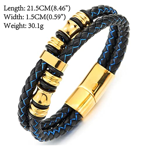 COOLSTEELANDBEYOND Mens Double-Row Braided Leather Bracelet Bangle Wristband with Stainless Steel Ornaments