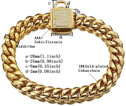 Gold Dog Chain Collar 10mm Wide Cuban Link Puppy Collar 316L Stainless Steel with CZ Diamond Lock Bling Collar for Large Medium Small Dogs(10mm Gold,10inches)