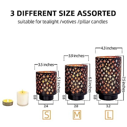 Metal Candle Holders for Jar Candles Set of 3,Hurricane Candle Holder for Pillar Candles Votives,Black and Gold Vintage Candlesticks for Table Centerpiece Home Decor