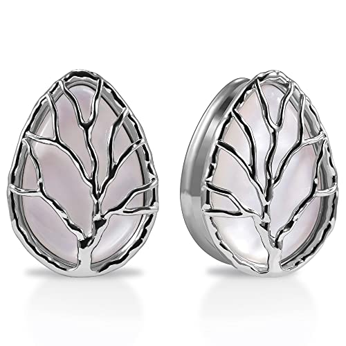 2PCS Teardrop Pearl Shell Ear Gauges Saddle Tunnels Double Flared Plugs Life Tree Elegant Stainless Steel Expander Stretcher Earrings For Women Guage 0g-1"