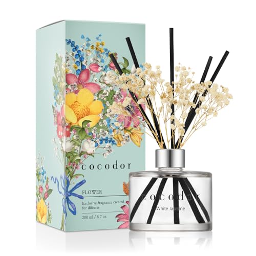 COCODOR Preserved Flower Reed Oil Diffuser/White Jasmine/6.7oz(200ml)/1 Pack/Home & Office Decor Aromatherapy Diffuser Oil Gift Set