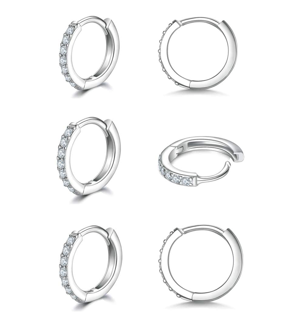 925 Sterling Silver Small Hoop Earrings Cubic Zirconia Huggie Hoop Earrings, 3 Pairs 14K White Gold Plated Cartilage Piercing Earrings Ear Cuff Tiny Hoop Earrings for Women Men