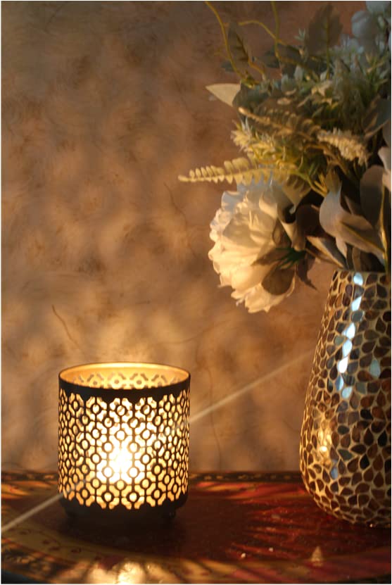 Hosley 4.5" High Black (Gold Inside) Metal Jar Holder Candle Sleeve. Candle Holder, Votive, Tea Light Lanterns Use with Tealights. Ideal Gift for Weddings, Parties, Spa and Aromatherapy O6