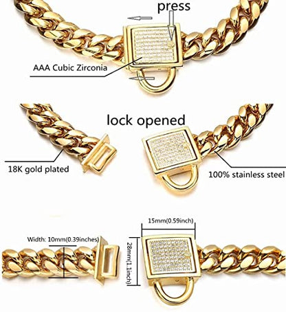 Gold Dog Chain Collar 10mm Wide Cuban Link Puppy Collar 316L Stainless Steel with CZ Diamond Lock Bling Collar for Large Medium Small Dogs(10mm Gold,10inches)