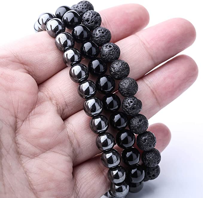 Black Obsidian Hematite Triple Protection Bracelet 10MM beads Set, Blue Tiger Eye Beads Bracelets, Lava Stone bracelets for Men Women