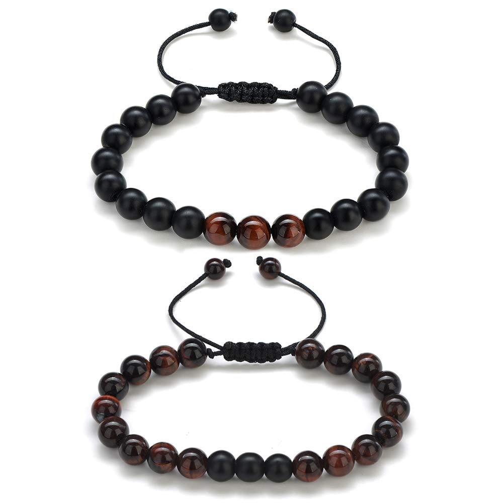 M MOOHAM Natural Stone Bracelets for Men - 8mm Tiger Eye | Matte Agate | Lava Rock Bracelets for Men Teen Boys Gifts Fathers Day Anniversary Birthday Gifts for Him