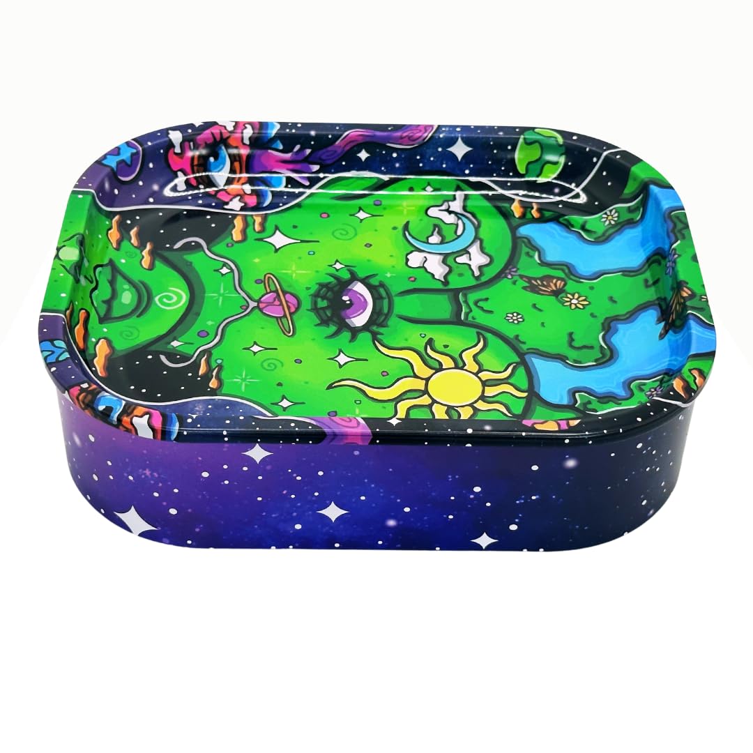 Rolling Tray with Storage Box - 7 inch x 5.5 inch x 2 inches - Tray Doubles as lid - This Decorative Metal Tray tin can be Used to Store Accessories, Small Parts, Jewelry and More. (Mother Earth)