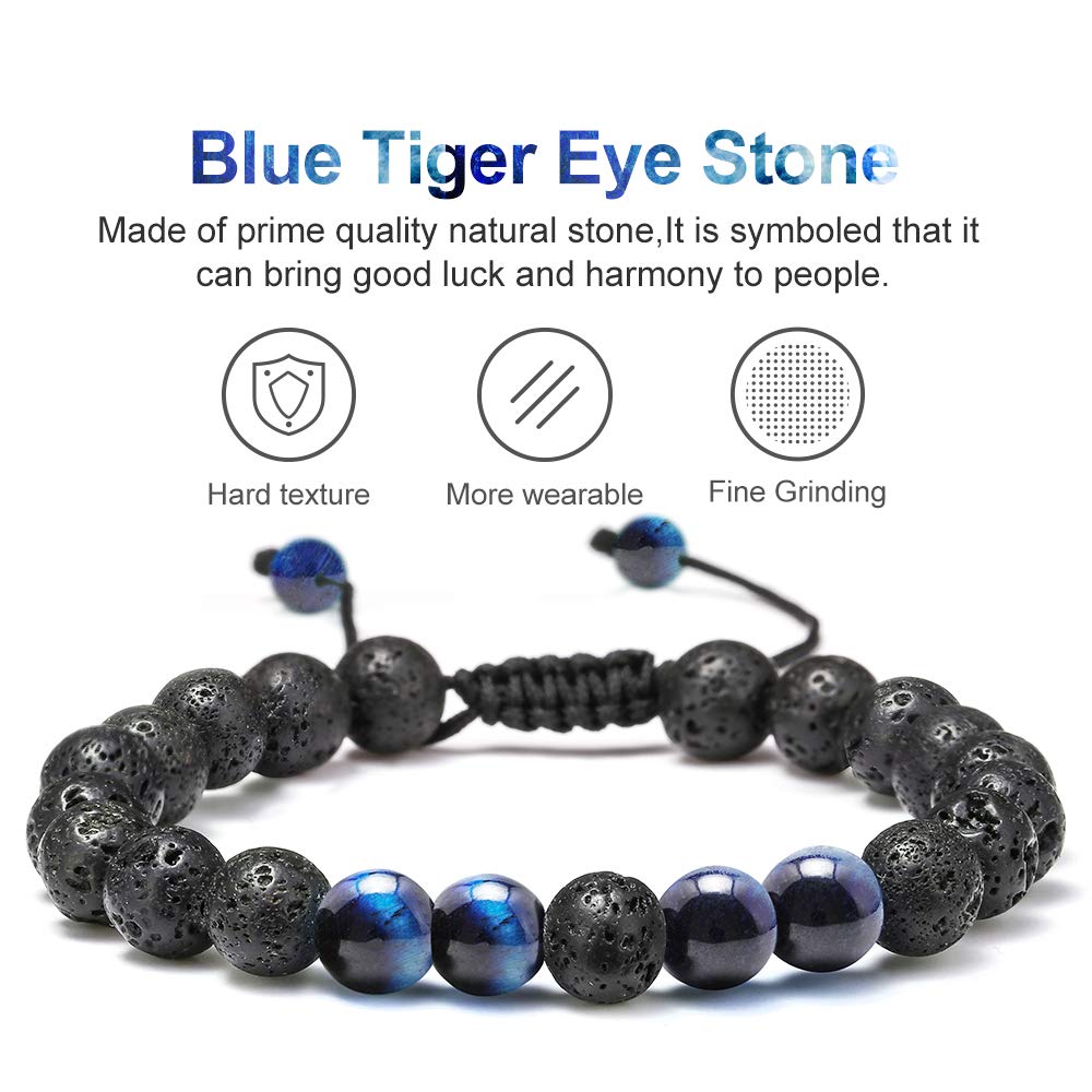 M MOOHAM Natural Stone Bracelets for Men - 8mm Tiger Eye | Matte Agate | Lava Rock Bracelets for Men Teen Boys Gifts Fathers Day Anniversary Birthday Gifts for Him