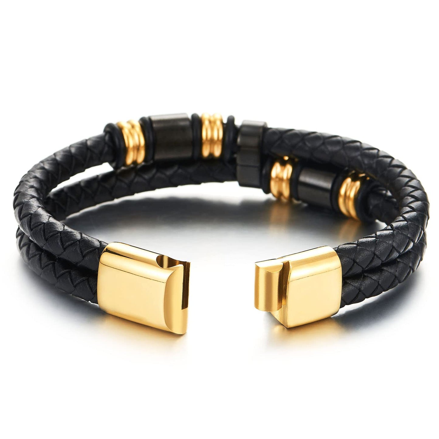 COOLSTEELANDBEYOND Mens Double-Row Braided Leather Bracelet Bangle Wristband with Stainless Steel Ornaments