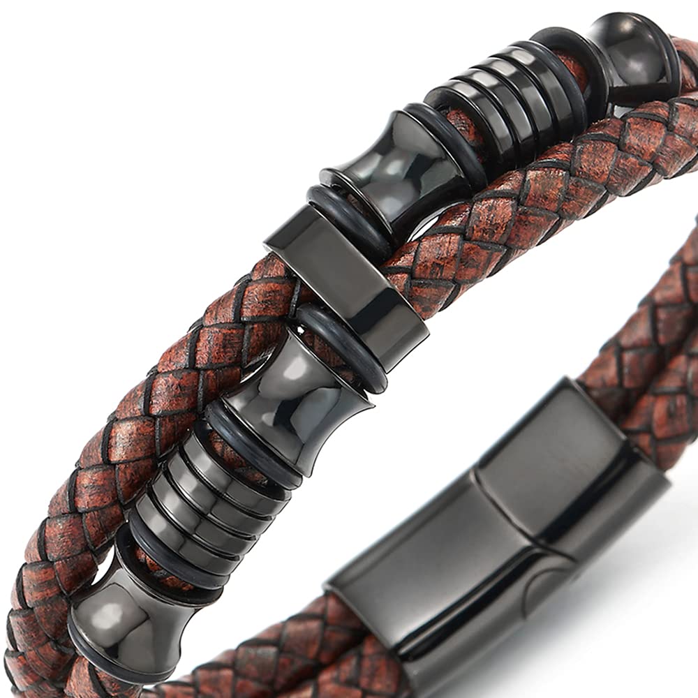 COOLSTEELANDBEYOND Mens Double-Row Braided Leather Bracelet Bangle Wristband with Stainless Steel Ornaments