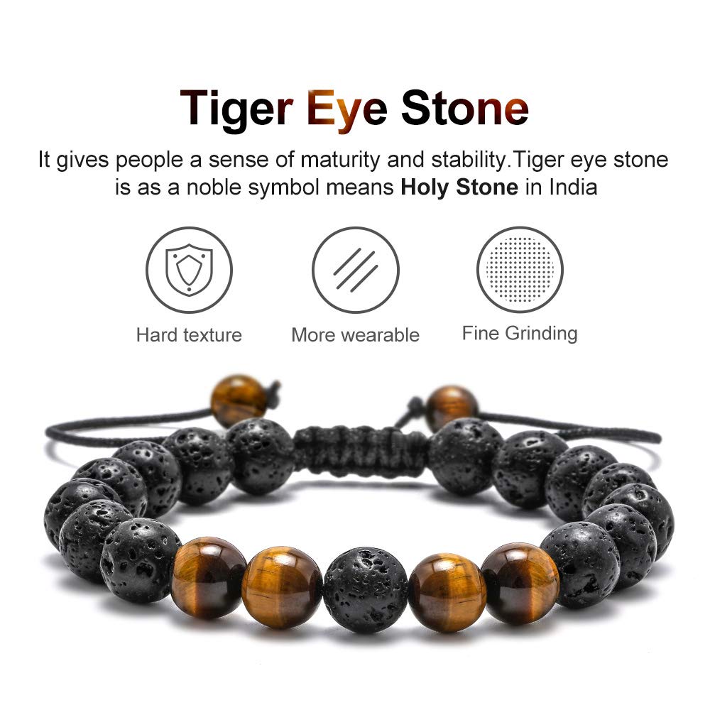 M MOOHAM Natural Stone Bracelets for Men - 8mm Tiger Eye | Matte Agate | Lava Rock Bracelets for Men Teen Boys Gifts Fathers Day Anniversary Birthday Gifts for Him