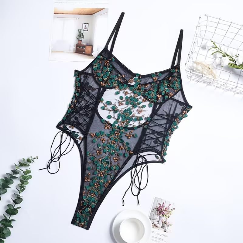 Lilosy Women Sexy Lace Up Floral Embroidered Teddy Lingerie Bodysuit Top Mesh Sheer One Piece