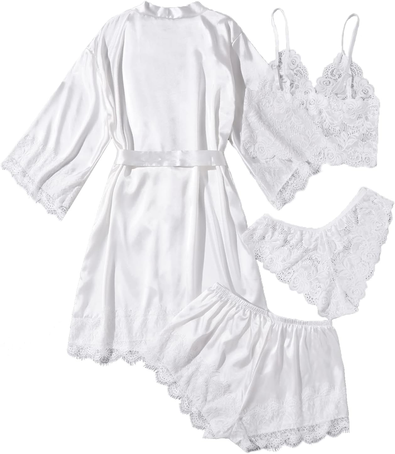 WDIRARA Women' Silk Satin Pajamas Set 4pcs Lingerie Floral Lace Cami Sleepwear with Robe