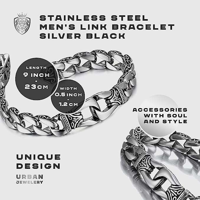 Urban Jewelry Amazing Stainless Steel Men's link Bracelet Silver Black 9 Inch with Necklace Option 21 inch (With Branded Gift Box)