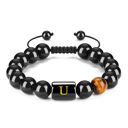 Initials Bracelets for Men Letter Link Handmade Natural Black Onyx Tiger Eye Stone Beads Braided Rope Meaningful Bracelet