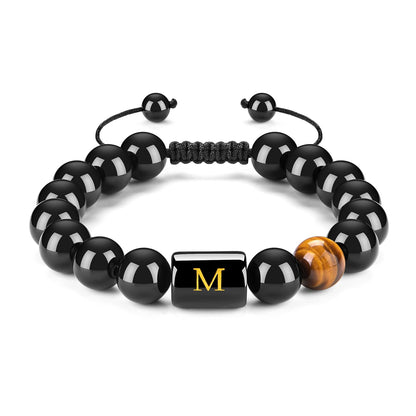 Initials Bracelets for Men Letter Link Handmade Natural Black Onyx Tiger Eye Stone Beads Braided Rope Meaningful Bracelet