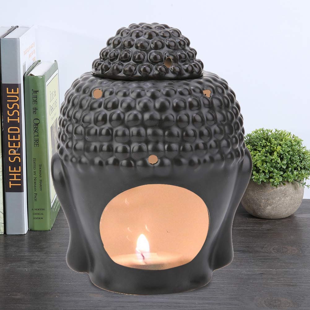 Ceramic Buddha Head Incense Essential Oil Diffuser Aromatherapy Essential Oil Candle Holder Home Buddhist Decorative Fragrance Oil Lamp Black