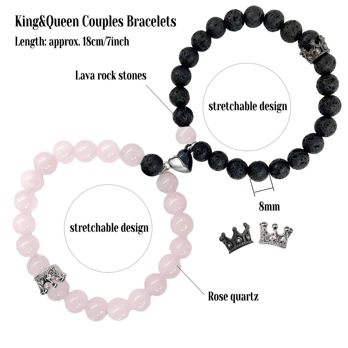 Couples Bracelets King&Queen Crown His and Her Bracelets Heart Matching Bracelets Long Distance Relationship Gifts for Boyfriend and Girlfriend on Anniversary Couples Jewelry for Women Men