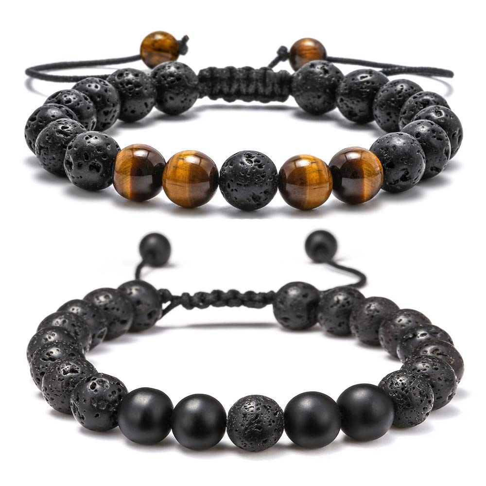 M MOOHAM Natural Stone Bracelets for Men - 8mm Tiger Eye | Matte Agate | Lava Rock Bracelets for Men Teen Boys Gifts Fathers Day Anniversary Birthday Gifts for Him