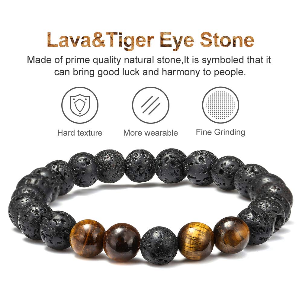 M MOOHAM Natural Stone Bracelets for Men - 8mm Tiger Eye | Matte Agate | Lava Rock Bracelets for Men Teen Boys Gifts Fathers Day Anniversary Birthday Gifts for Him