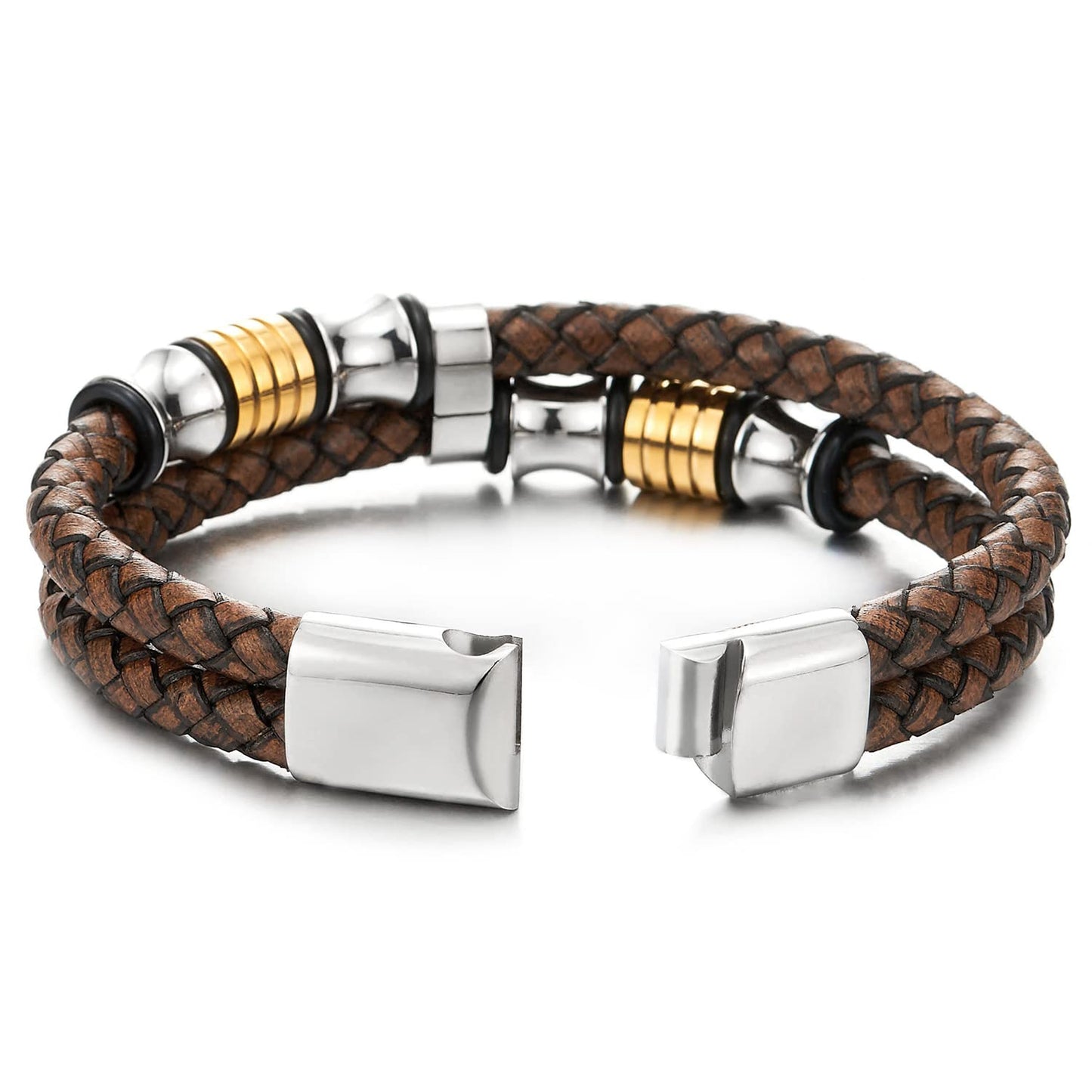 COOLSTEELANDBEYOND Mens Double-Row Braided Leather Bracelet Bangle Wristband with Stainless Steel Ornaments