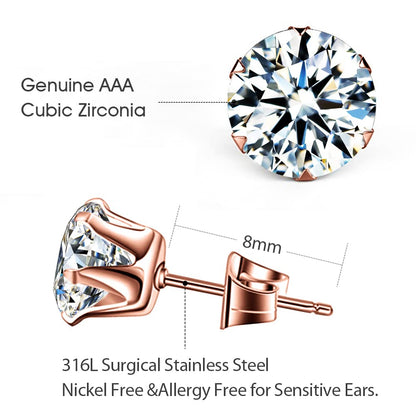 UHIBROS 6 Pairs Stainless Steel Stud Earrings Set Hypoallergenic Cubic Zirconia 14K White Gold 316L CZ Earrings