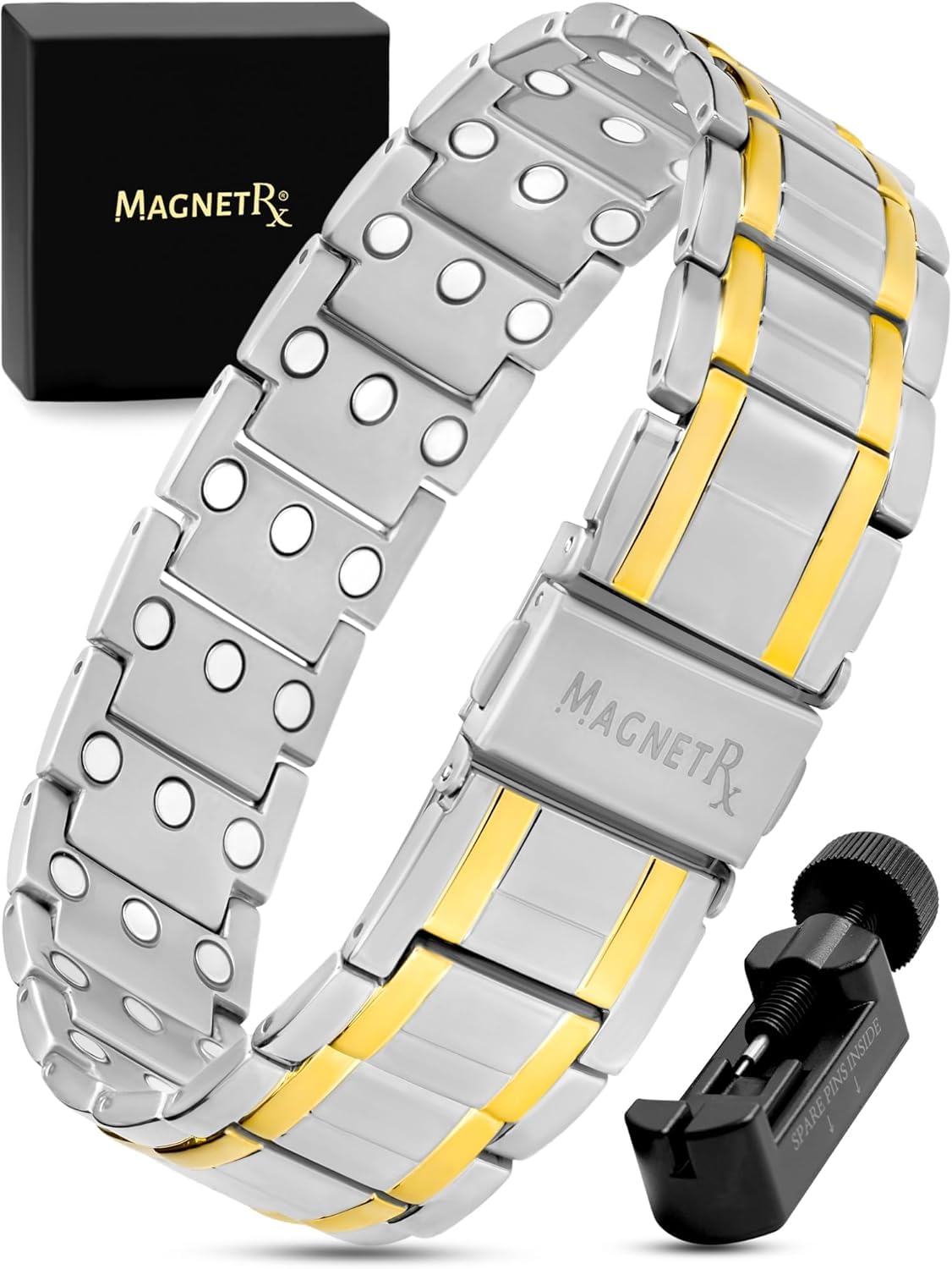 MagnetRX® 3X Strength Magnetic Bracelets for Men – Effective Titanium Mens Magnetic Bracelet – Premium Fold-Over Clasp & Adjustable Length with Sizing Tool & Gift Box (Black)