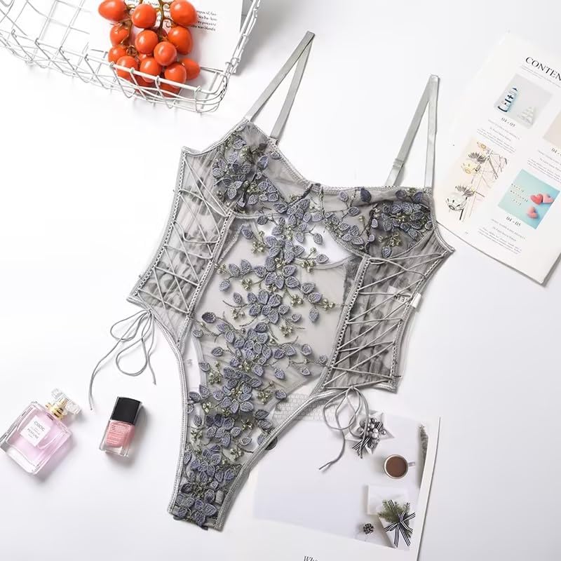 Lilosy Women Sexy Lace Up Floral Embroidered Teddy Lingerie Bodysuit Top Mesh Sheer One Piece