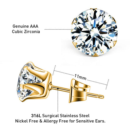 UHIBROS 6 Pairs Stainless Steel Stud Earrings Set Hypoallergenic Cubic Zirconia 14K White Gold 316L CZ Earrings