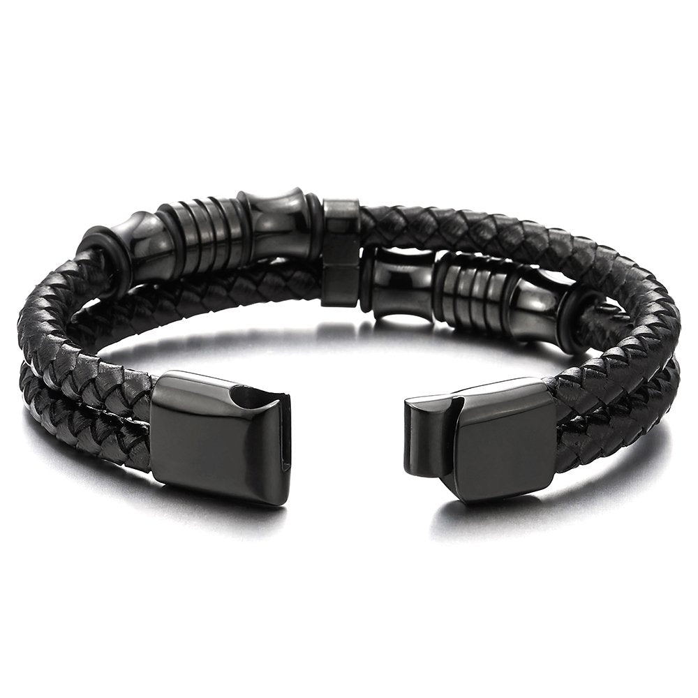 COOLSTEELANDBEYOND Mens Double-Row Braided Leather Bracelet Bangle Wristband with Stainless Steel Ornaments