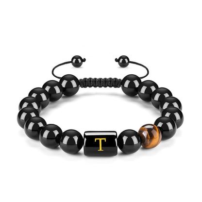 Initials Bracelets for Men Letter Link Handmade Natural Black Onyx Tiger Eye Stone Beads Braided Rope Meaningful Bracelet