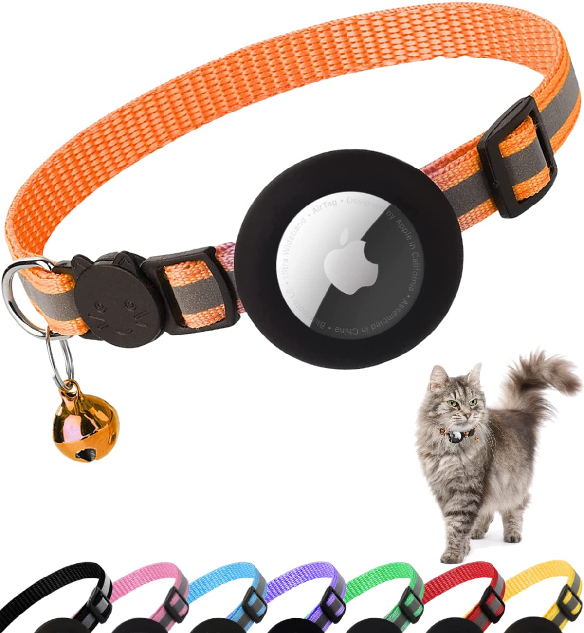 Airtag Cat Collar Breakaway, Reflective Kitten Collar with Apple Air Tag Holder and Bell for Girl Boy Cats, 0.4 Inches in Width and Lightweight(Black)