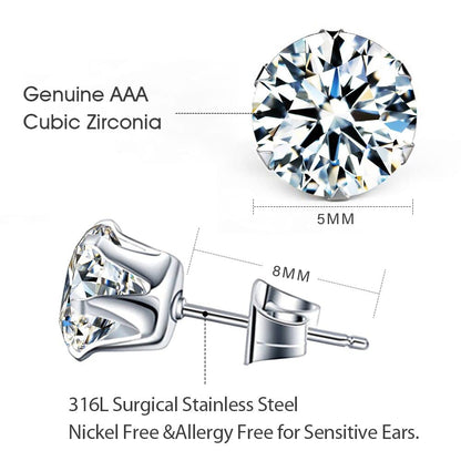 UHIBROS 6 Pairs Stainless Steel Stud Earrings Set Hypoallergenic Cubic Zirconia 14K White Gold 316L CZ Earrings