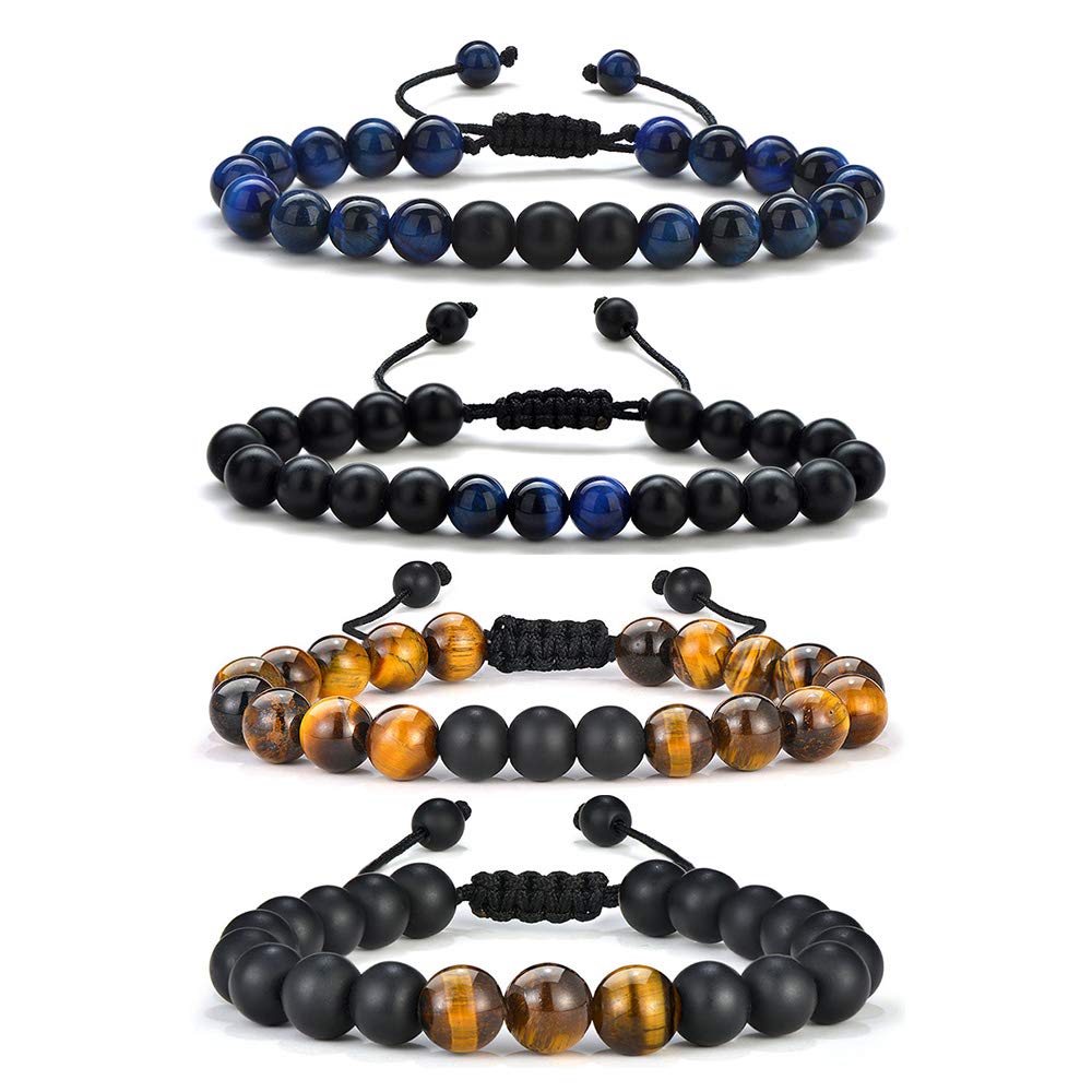 M MOOHAM Natural Stone Bracelets for Men - 8mm Tiger Eye | Matte Agate | Lava Rock Bracelets for Men Teen Boys Gifts Fathers Day Anniversary Birthday Gifts for Him