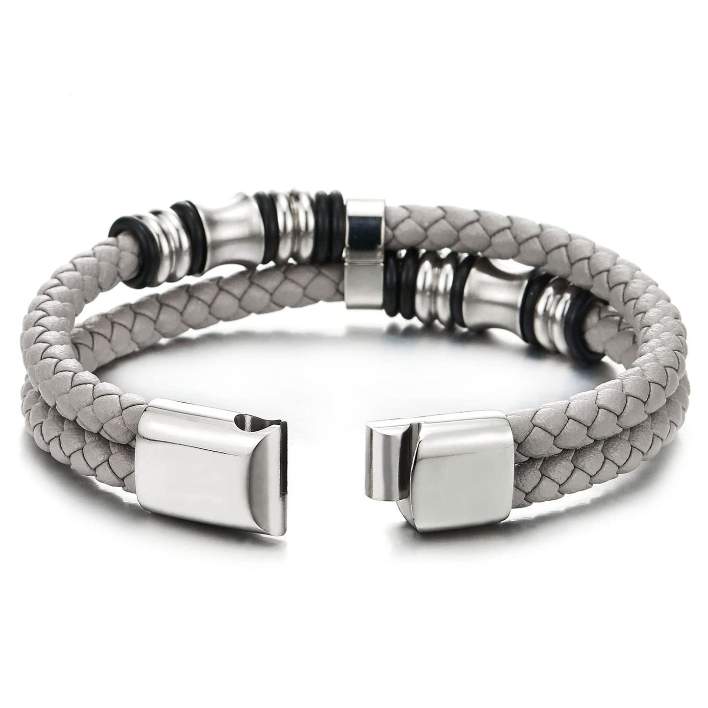 COOLSTEELANDBEYOND Mens Double-Row Braided Leather Bracelet Bangle Wristband with Stainless Steel Ornaments