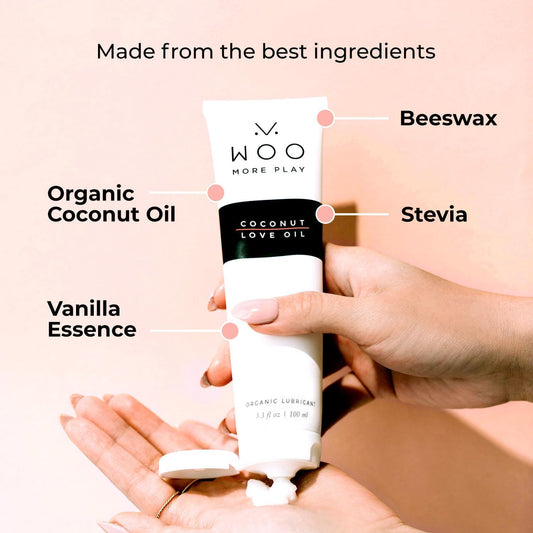 Woo More Play Coconut Love Oil | Organic Coconut Oil Personal Lubricant for Men and Women | Natural and Clean Ingredients | Doubles as Massage Oil | Relaxing Scent | 3.3 fl Oz