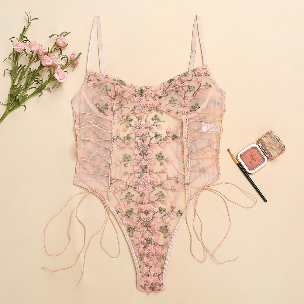 Lilosy Women Sexy Lace Up Floral Embroidered Teddy Lingerie Bodysuit Top Mesh Sheer One Piece