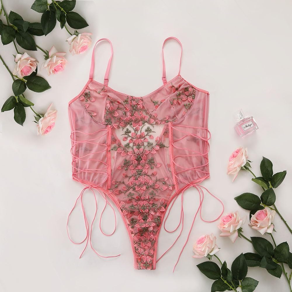 Lilosy Women Sexy Lace Up Floral Embroidered Teddy Lingerie Bodysuit Top Mesh Sheer One Piece