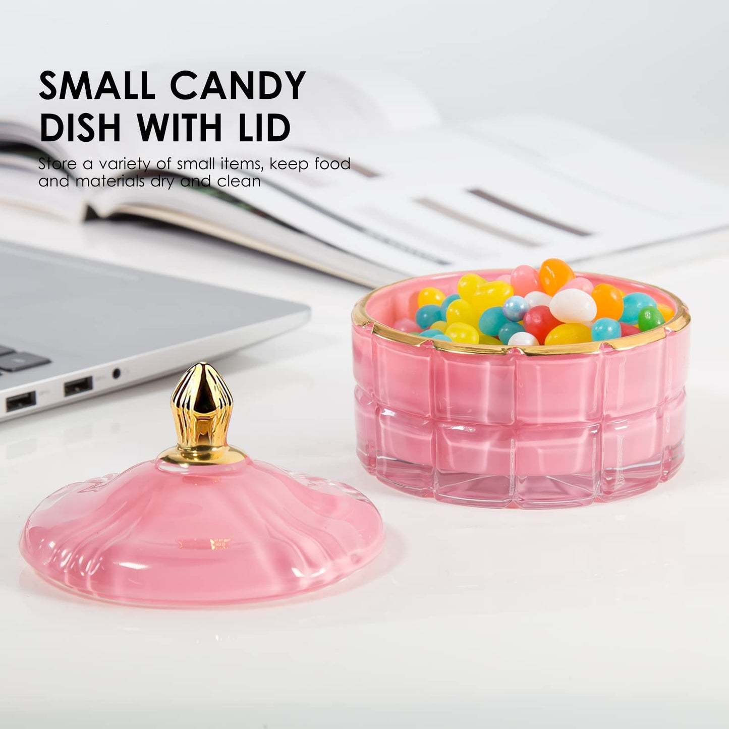 Pink Candy Jar, Glass Candy Dish with Lid, Crystal Apothocary Jars with Lids Glass Jewelry Box with Lids, Cute Glass Jar Gifts for Women