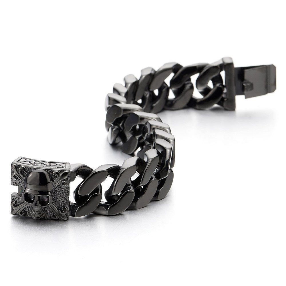 COOLSTEELANDBEYOND Mens Large Vintage Brushed Finishing Steel Curb Chain Bracelet with Fleur De Lis and Skull