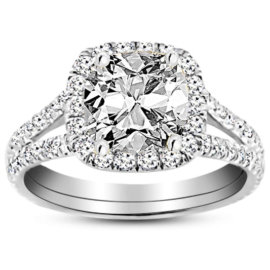 14K White Gold 3.75 Carat LAB GROWN DIAMOND Split Shank Cushion Cut Diamond Engagement Ring (G-H Color VS2-SI1 Clarity 3 Ct Center)