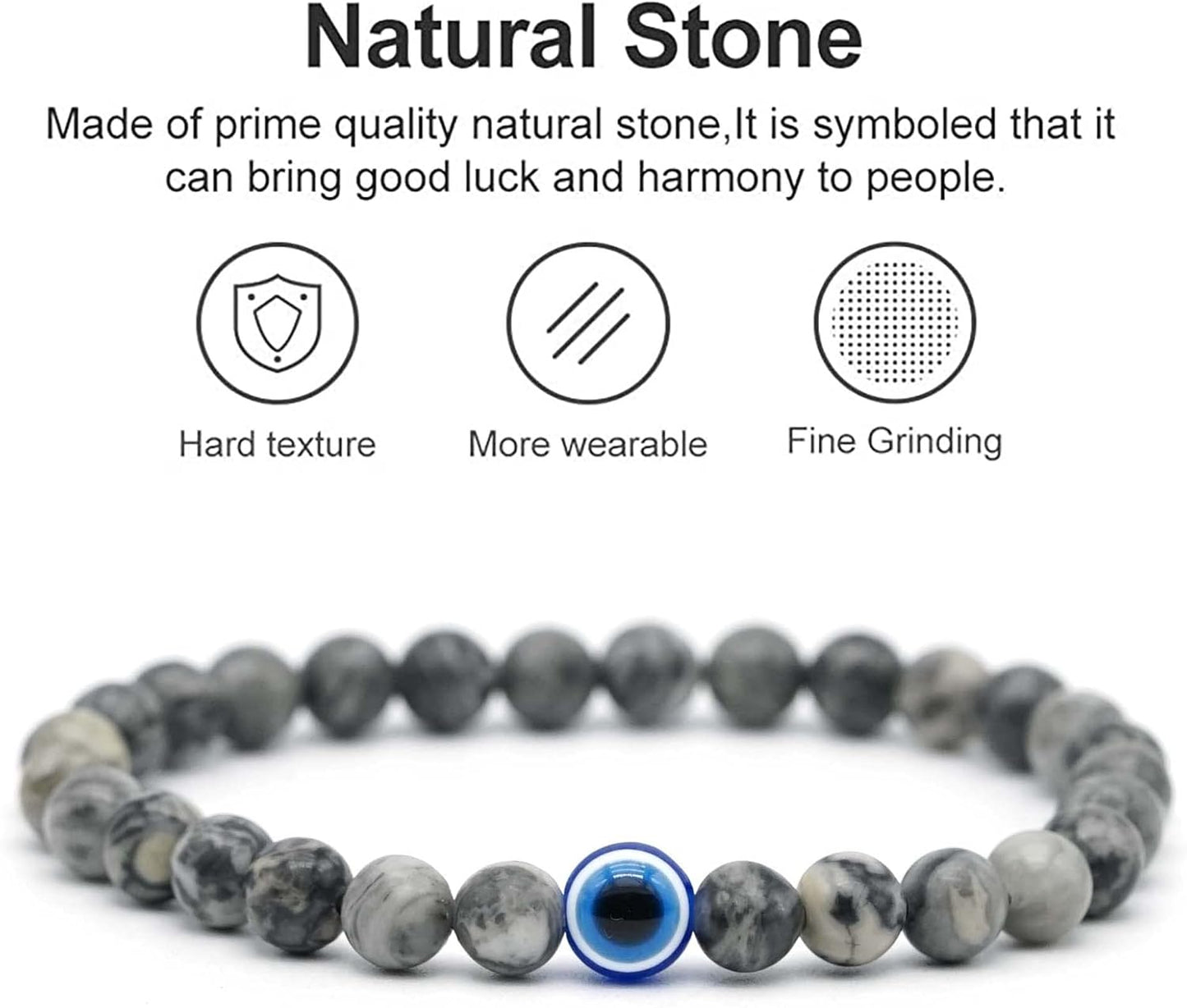 Natural Stone Agate Elastic Evil Eye Bracelet Kit with Charms Adjustable for Men Boyfriend for Gift Boys Stretch Bracelet for son Gifts 6mm