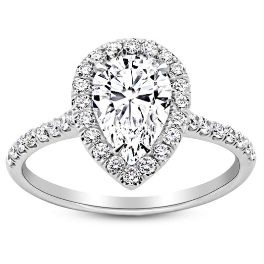 14K White Gold 2.25 Carat LAB GROWN DIAMOND Halo Pear Cut Diamond Engagement Ring (G-H Color VS2-SI1 Clarity 1.5 Ct Center)