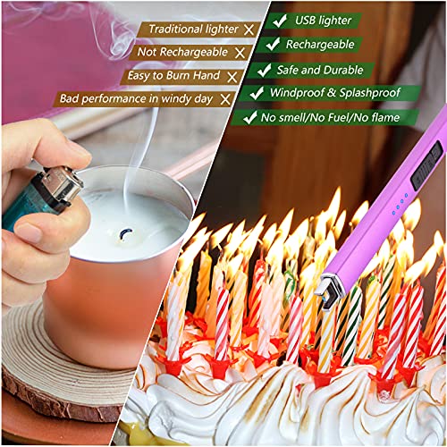 MEIRUBY Lighter Electric Candle Lighter Long Electronic Rechargeable USB Lighter Arc Windproof Flameless Lighters for Candle Camping BBQ Birthday Women's Day Gifts for Women Mom Wife Men, Rose Gold