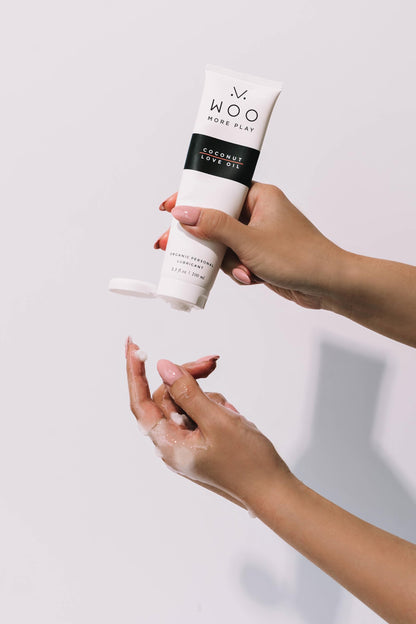 Woo More Play Coconut Love Oil | Organic Coconut Oil Personal Lubricant for Men and Women | Natural and Clean Ingredients | Doubles as Massage Oil | Relaxing Scent | 3.3 fl Oz