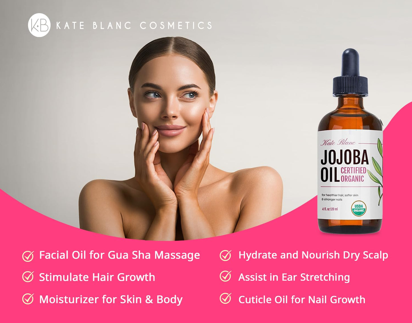 Kate Blanc Cosmetics Jojoba Oil for Hair Growth, Face, Skin (2oz, Organic, Pure) Stocking Stuffers Christmas Gifts for Women, Men, Mom, Dad, Teen. Gua Sha Oil for Facial Massage and Dermaplaning