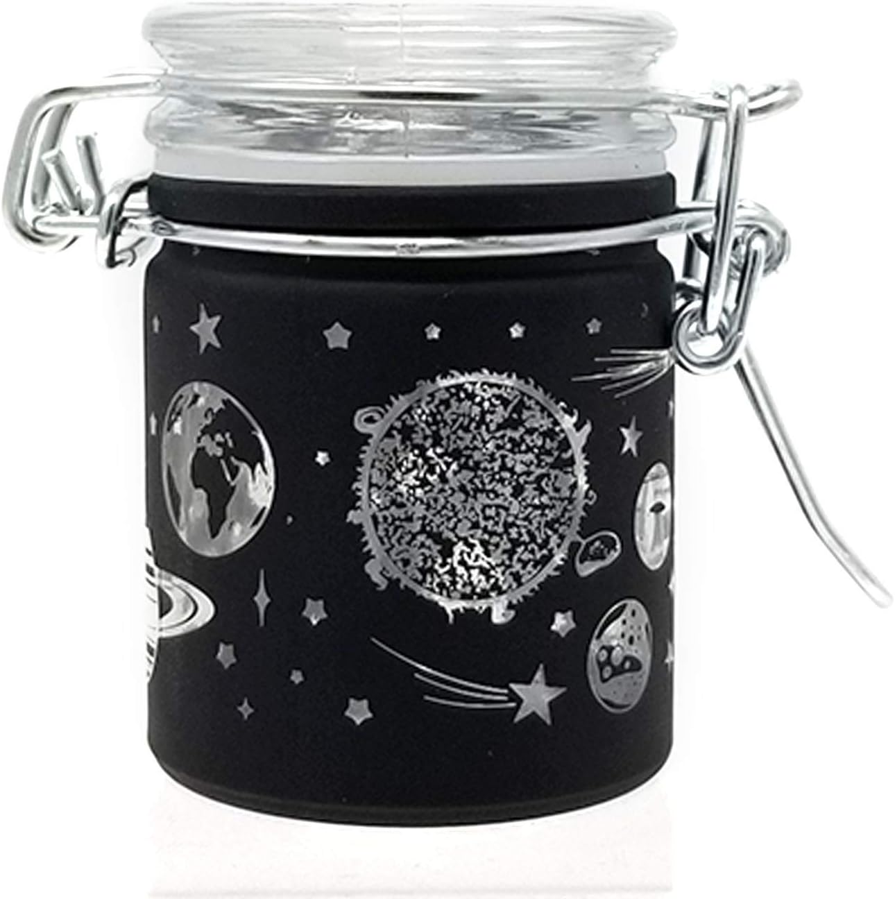 Airtight Glass Herb Stash Jar with Clamping Lid in Choice of Design (Black Frosted Galaxy)