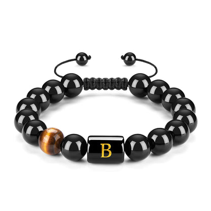 Initials Bracelets for Men Letter Link Handmade Natural Black Onyx Tiger Eye Stone Beads Braided Rope Meaningful Bracelet