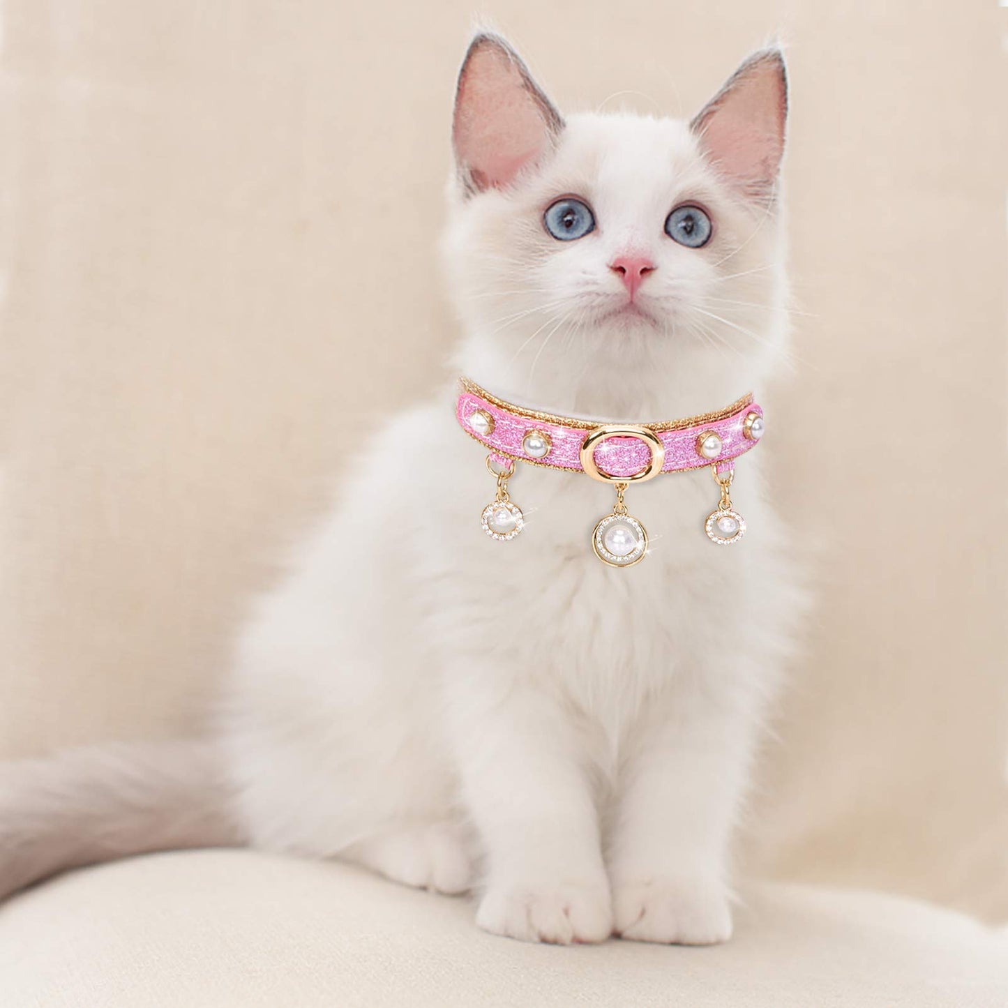 PetsHome Cat Collar, Dog Collar, Bling PU Leather Adjustable Pet Collar with Cute Pearls and Luxury Pendant for Cat and Small Dog Small Gold