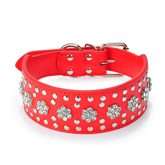 Rhinestones Dog Collars Flower Pattern Rhinestone Studded Leather Sparkly Crystal Diamonds Dazzling Elegant Fancy PU Leather Dog Collar for Medium & Large Dogs (M:17-20 inch, Purple)
